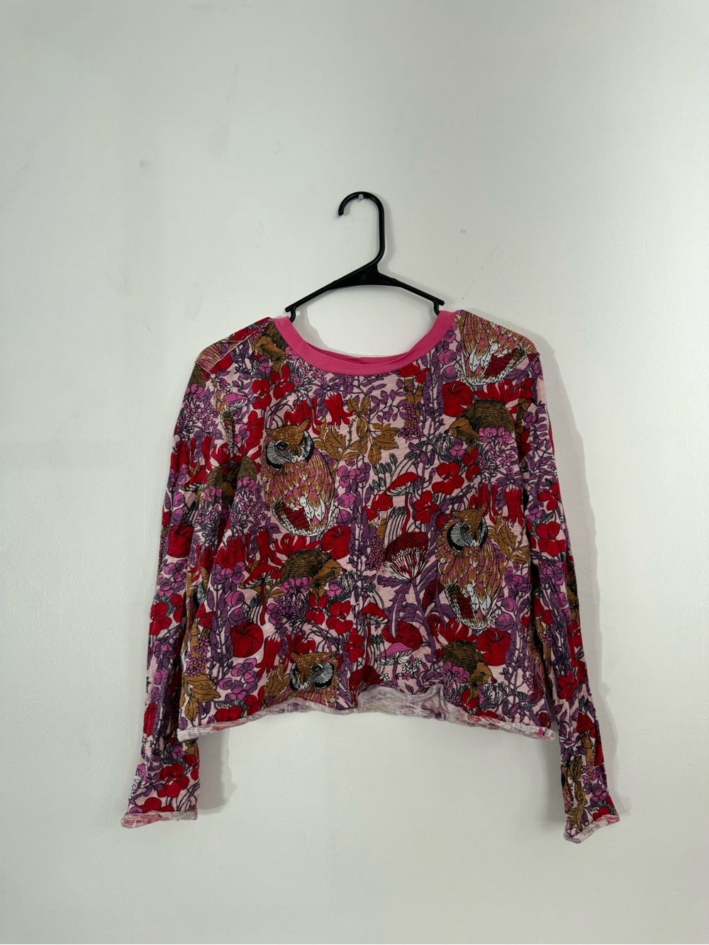 Anthropologie Pink Floral & Owl Pattern Long Sleeve Tee